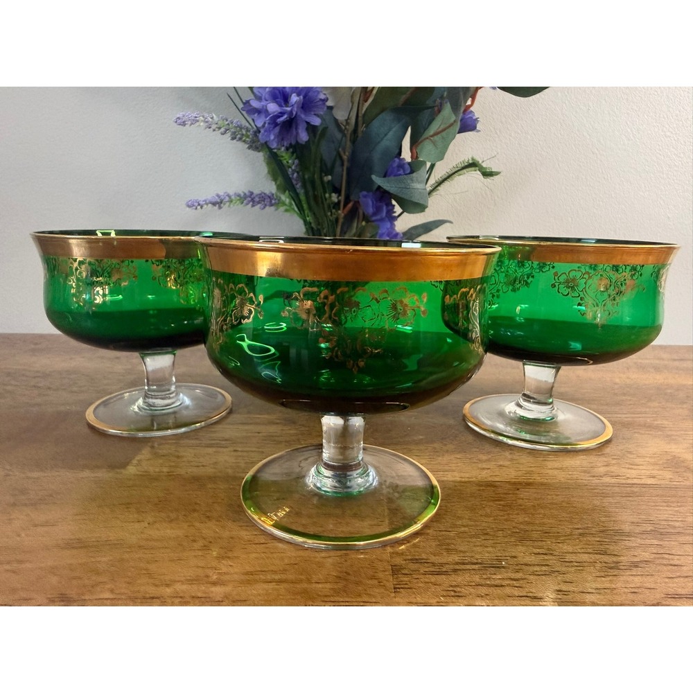Vintage Emerald Green Sherbet Glasses Gold Encrusted Dessert Cups Footed Bowls
